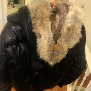 $1,100 Mackage Glen Leather Down Jacket w/ Fur Trim Hood SZ 42